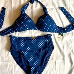 Ralph Lauren, Sz 14, 2 piece swimsuit, new with tags, blue with white polkadots